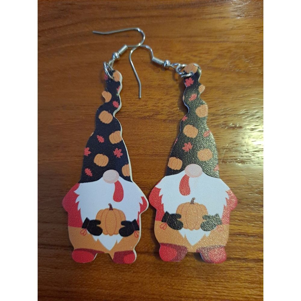 Halloween Faux Leather Gnome Teardrop Earrings New Not‎ Worn Double-Sided Design